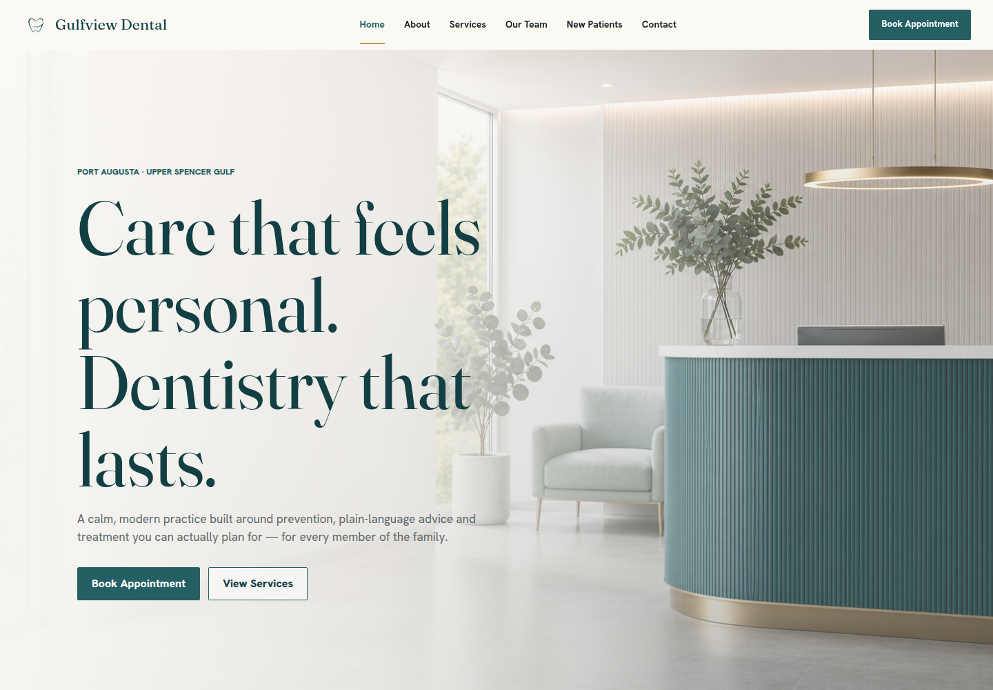 Gulfview Dental homepage showing an editorial dental-clinic layout