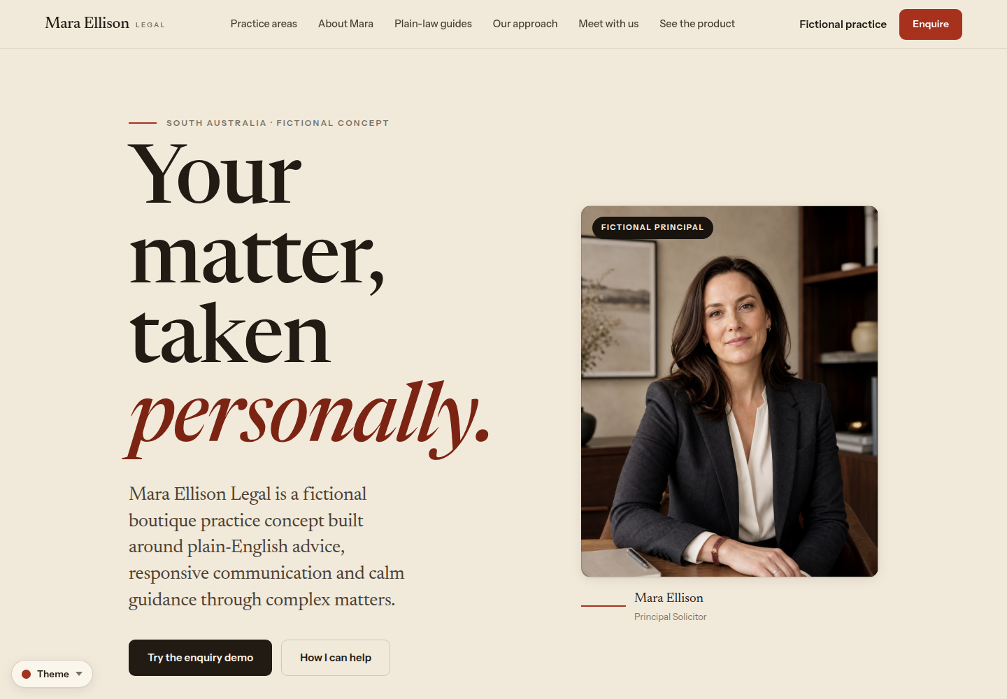 Mara Ellison Legal homepage showing an editorial legal-practice concept